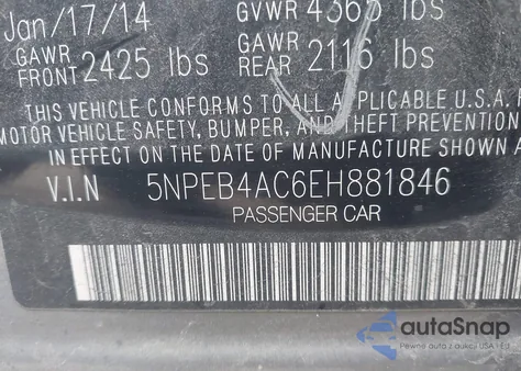 2014 Hyundai Sonata Gls from USA, damaged, VIN 5NPEB4AC6EH881846